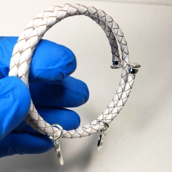 Leather White Braided Bracelet – Silver tone Ribbon & Celtic Knot Style Charms - Picture 6 of 7